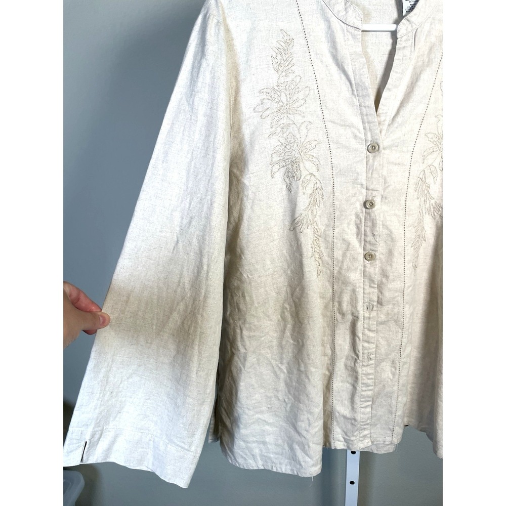 Vintage Embroidered Linen Cotton Shirt Women's XL 16 18 White Stag Beige
